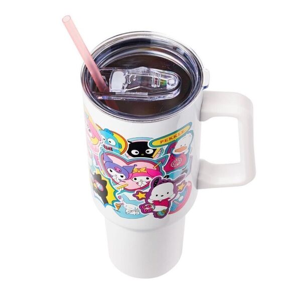 Hello Kitty Sanrio 40oz Tumbler w/ Handle & Straw Sticker Collage Design - Picture 4 of 15